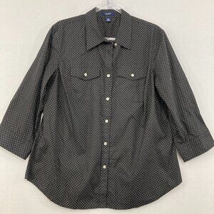 Chaps size 1X Black White Polka Dot 3/4 Sleeve Button Down Cotton Preppy Office